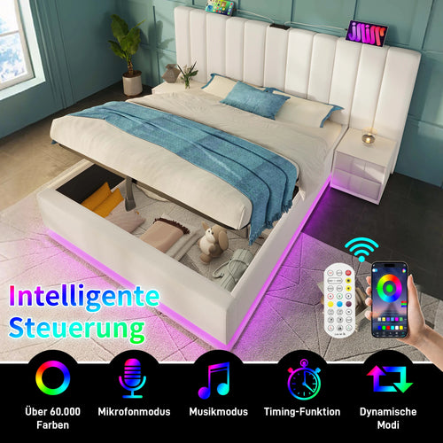 Upholstery bed 180 × 200, double bed storage bed with App Control LED and USB-C charging function, bed rack with slatted frame, PU, White, O - vue 5 sur 6