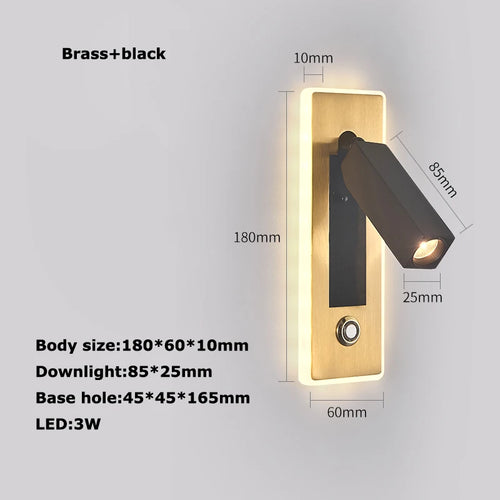 LED Brass Black Wall Lamp Wall Light Wall Sconce Wall Mounted Reading Light with Switch and USB Port, Rotatable For Bedroom - vue 8 sur 23