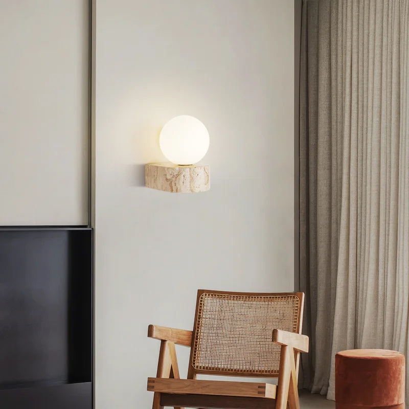applique murale vintage en pierre naturelle avec abat-jour en verre et led - vue 2 sur 6