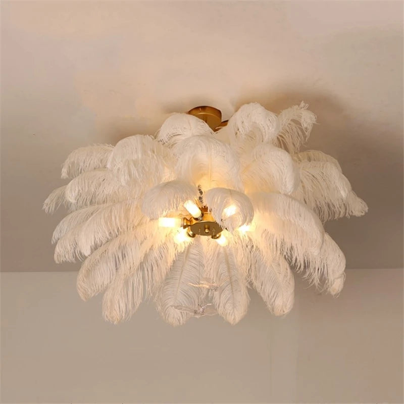 luminaire suspendu luxe plume d'autruche led style nordique - vue 6 sur 13