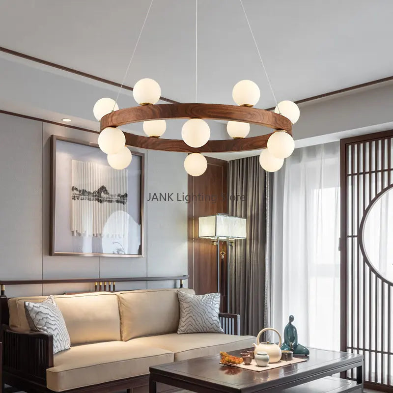 lustre en bois massif avec boule de verre blanc et éclairage intérieur - vue 4 sur 9