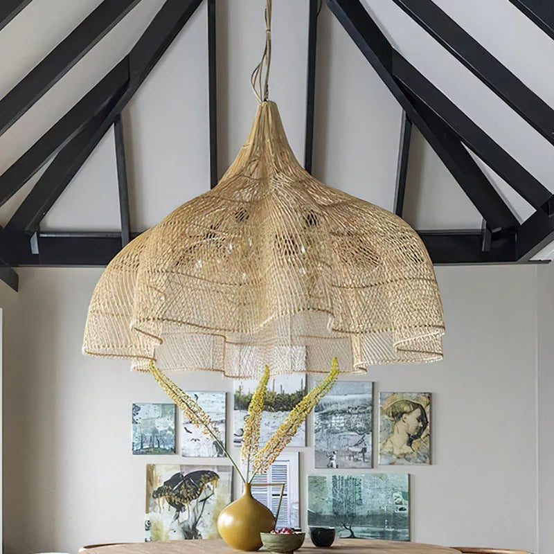 lampe suspendue rotin pétales main salon cuisine décor - vue 5 sur 13