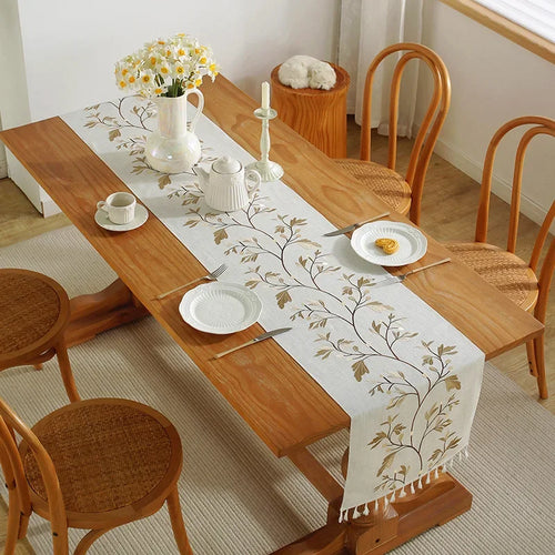 Chemin de table coton lin brodé fleuri pompons - vue 4 sur 5
