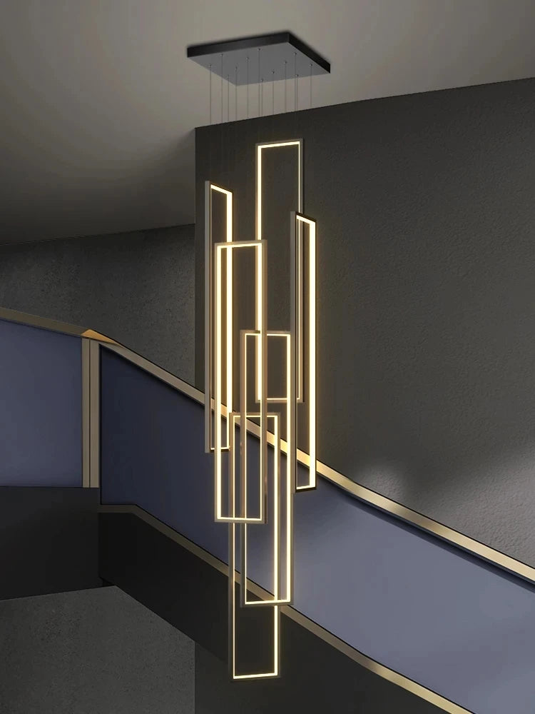 Grand lustre Or noir LED maison intérieur salon escalier Hall rectangulaire - vue 5 sur 15