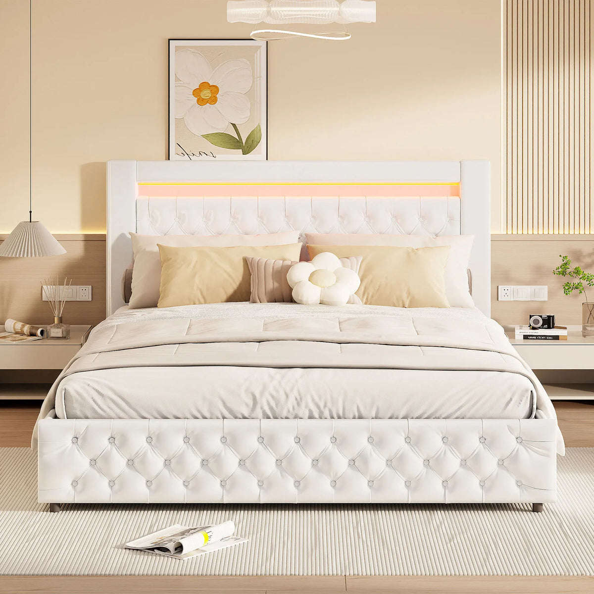 Upholstered Bed, Double Bed, PU Bedside Lamp, Hydraulic Functional Storage Bed, Headboard and Slatted Base, Padded Backrest - vue 5 sur 9