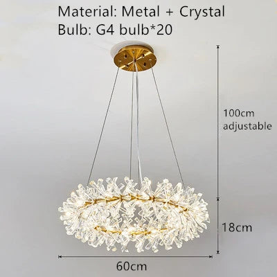 lustre led cristal clair rond avec fil métallique doré réglable