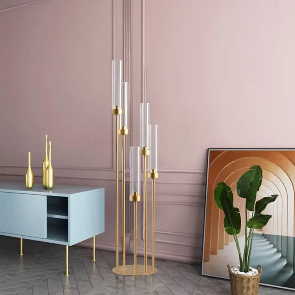 Floor Candelabra 5 Arm 42.5'' Tall Gold Candle Holder, Candelabra Centerpieces for Tables, Metal Candlestick Set with Acry