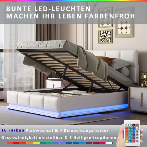 PU Leather White Upholstered Bed 140x200cm Double Bed with LED Lighting Underbed Storage Space, Bed Frame with Slatted Frame - vue 2 sur 7