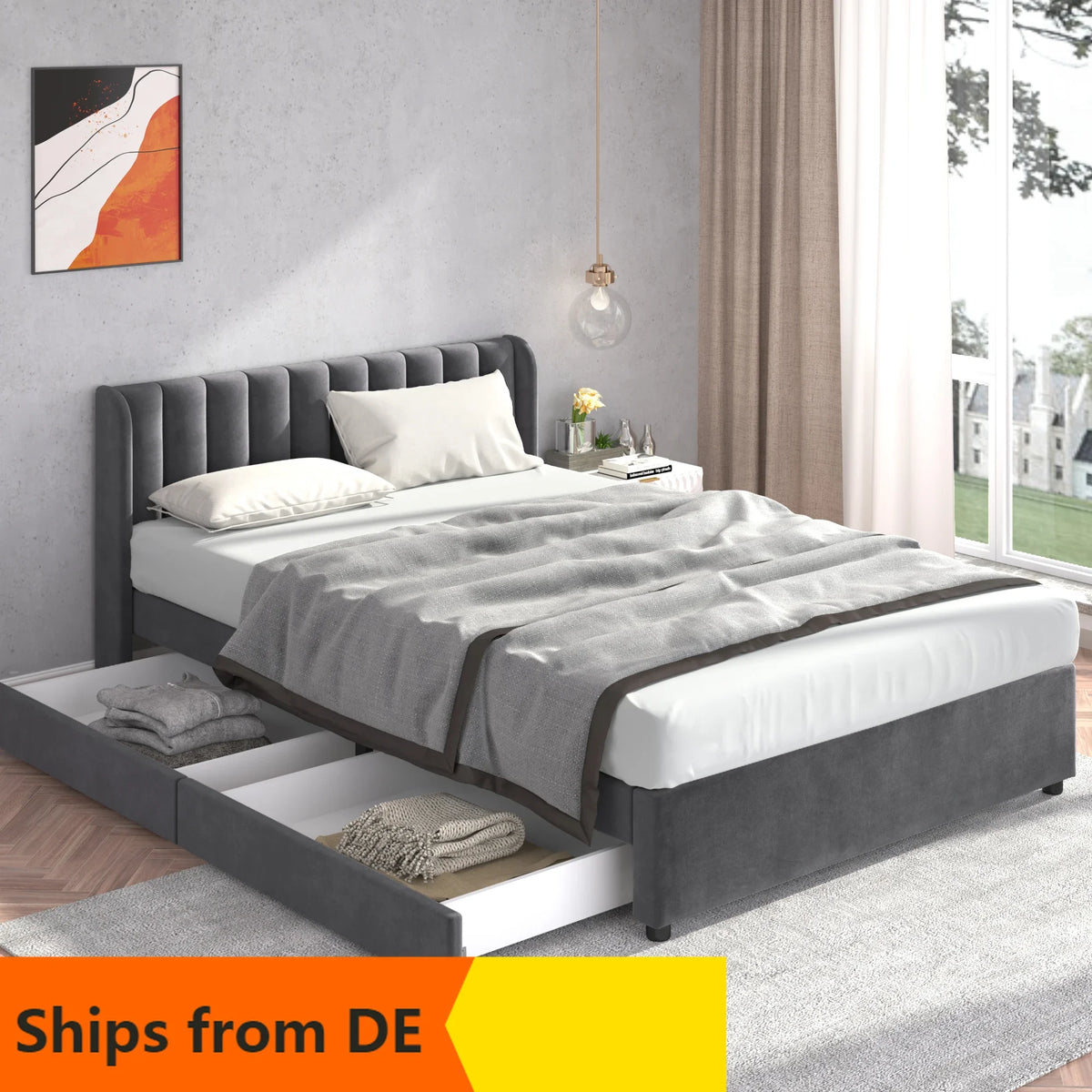 VSOGA Upholstered Bed 180 X 200 Cm Velvet With Slatted Backrest 2 Drawers, Black，160 X 200 Cm, Gray