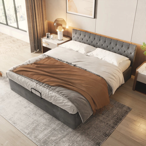 Upholstered Bed, Double Bed, Velvet Fabric, with Bed Box, Slatted Frame and Storage Space, Grey, 180 x 200 cm - vue 3 sur 7