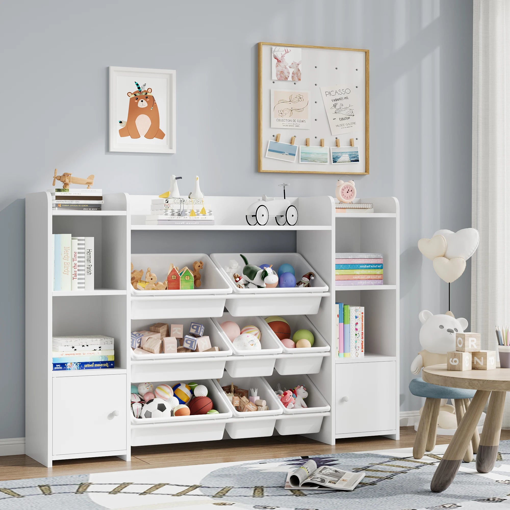 Getone Toy Storage Unit, Children's Bookcase, Toy Organiser with 8 Boxes and 9 Shelves 138x29x94 cm White/Pink