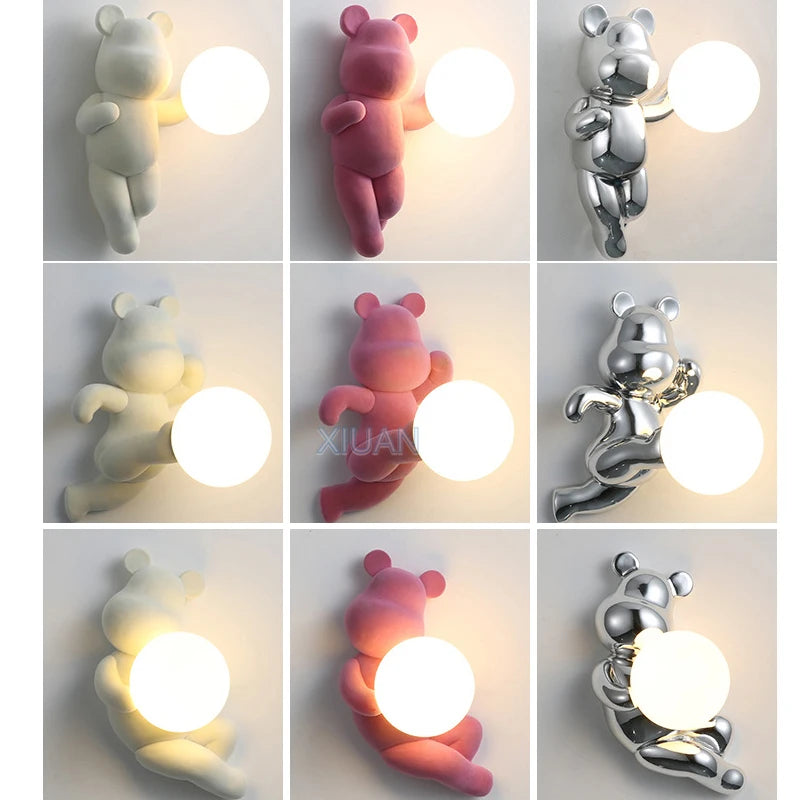 Chrome White Pink Bear Lights Art Design Bedroom Bedside Wall Lamps Resin Animal Glass Sconces Living Room Decorative Wall Light - vue 7 sur 18