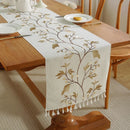 Chemin de table coton lin brodé fleuri pompons