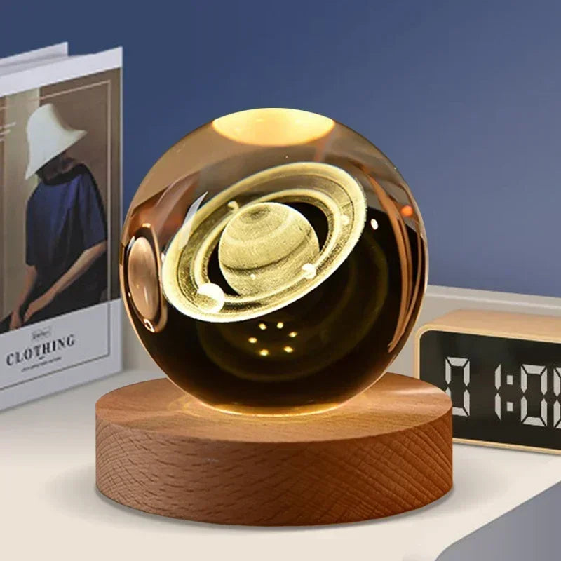 veilleuse 3D en cristal système solaire cadeau décoratif en bois - vue 7 sur 16