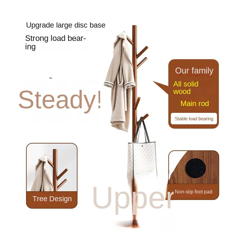 Solid Wood Coat Hanger with Hook, Floor Mounted Coat Hanger, Home Furniture, Clothes Hanger, Modern Bedroom, Dormitory Coat Rack