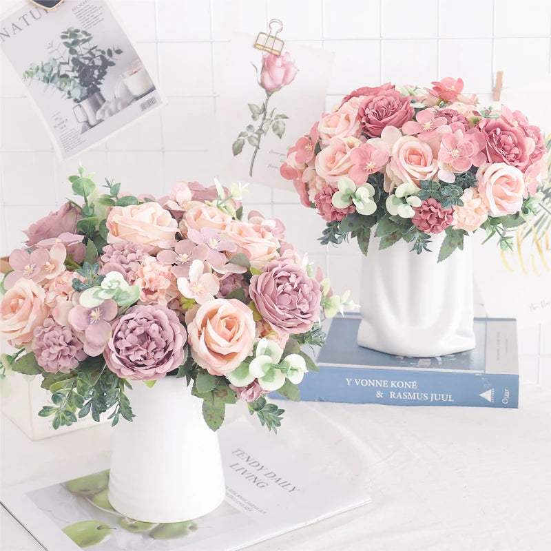 fleurs artificielles soie pivoine hortensia décoration mariage bouquet - vue 2 sur 40
