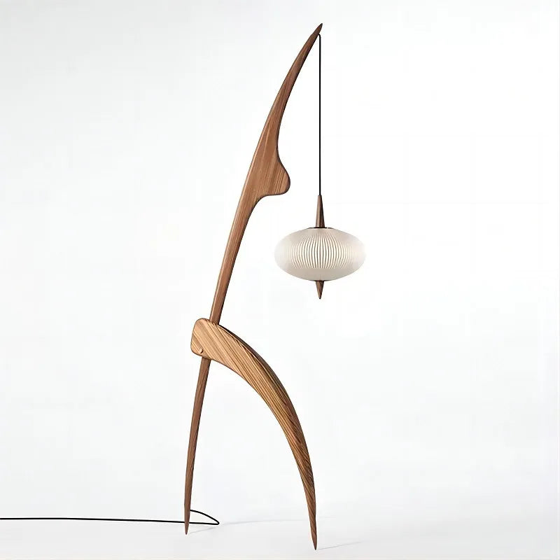 lampadaire design en bois noyer avec lampe suspendue - vue 6 sur 10