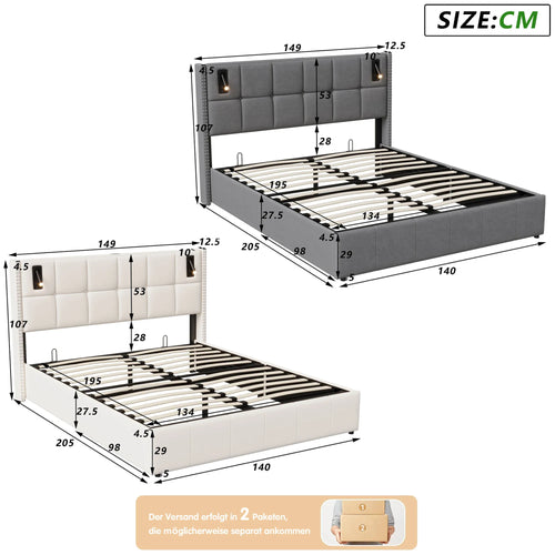Single and Double Bed with Slatted Frame, Hydraulic Upholstered Storage Bed, Headboard with 2 Reading Light and USB Port, Velvet - vue 7 sur 8