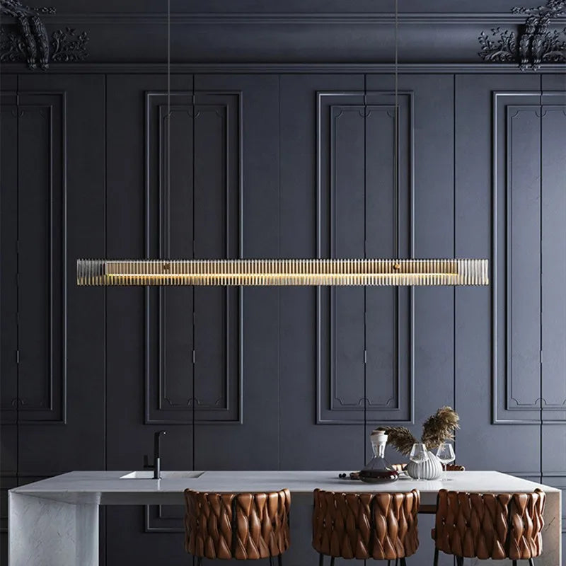 Lustre design de luxe en acier inoxydable et cristal minimaliste longue bande - vue 4 sur 8