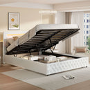 Upholstered Bed, Double Bed, PU Bedside Lamp, Hydraulic Functional Storage Bed, Headboard and Slatted Base, Padded Backrest