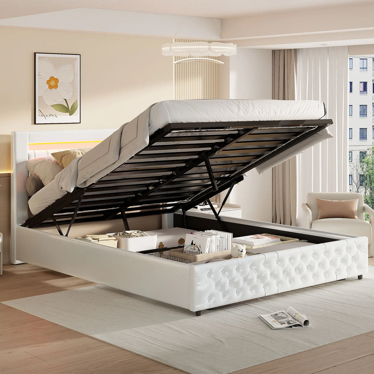 Upholstered Bed, Double Bed, PU Bedside Lamp, Hydraulic Functional Storage Bed, Headboard and Slatted Base, Padded Backrest - vue 6 sur 9