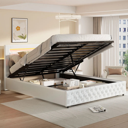 Upholstered Bed, Double Bed, PU Bedside Lamp, Hydraulic Functional Storage Bed, Headboard and Slatted Base, Padded Backrest - vue 7 sur 9