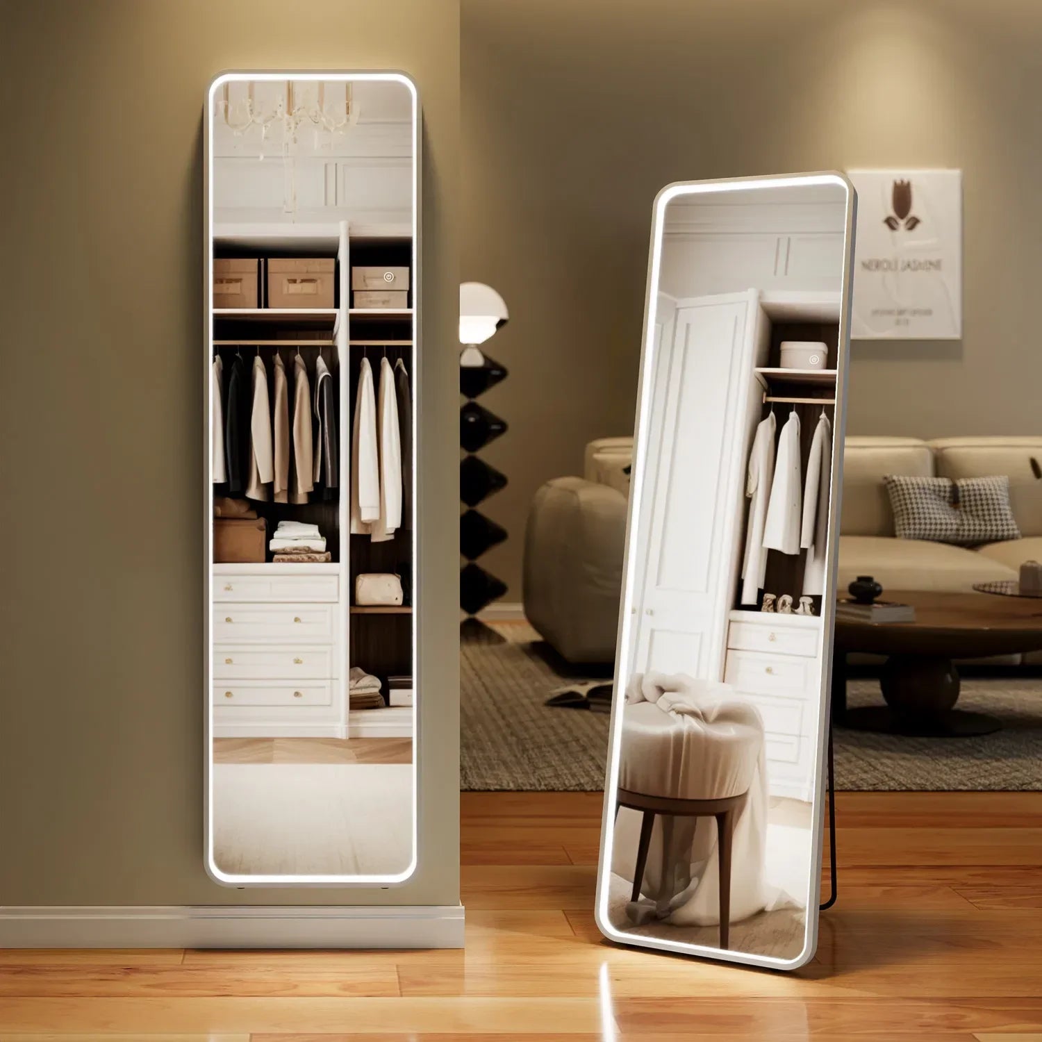 Full Body Mirror with Illumination, COB-LED, Wall Mirror,3 Light Colors Adjustable Dimmable,Floor Mirror with Touch Button Large