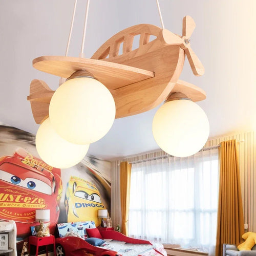 Pendelleuchte Holz Flugzeug für das Kinderzimmer - vue 3 sur 6