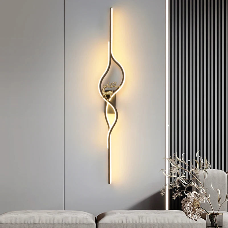 Modern Living Room Long Wall Lights with Anlter Design Gold Black TV Background Decorative Wall Lamp for Bedroom Remote Control - vue 2 sur 23