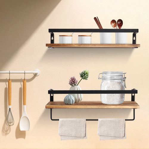étagère murale en bois avec barre porte-serviettes à deux niveaux