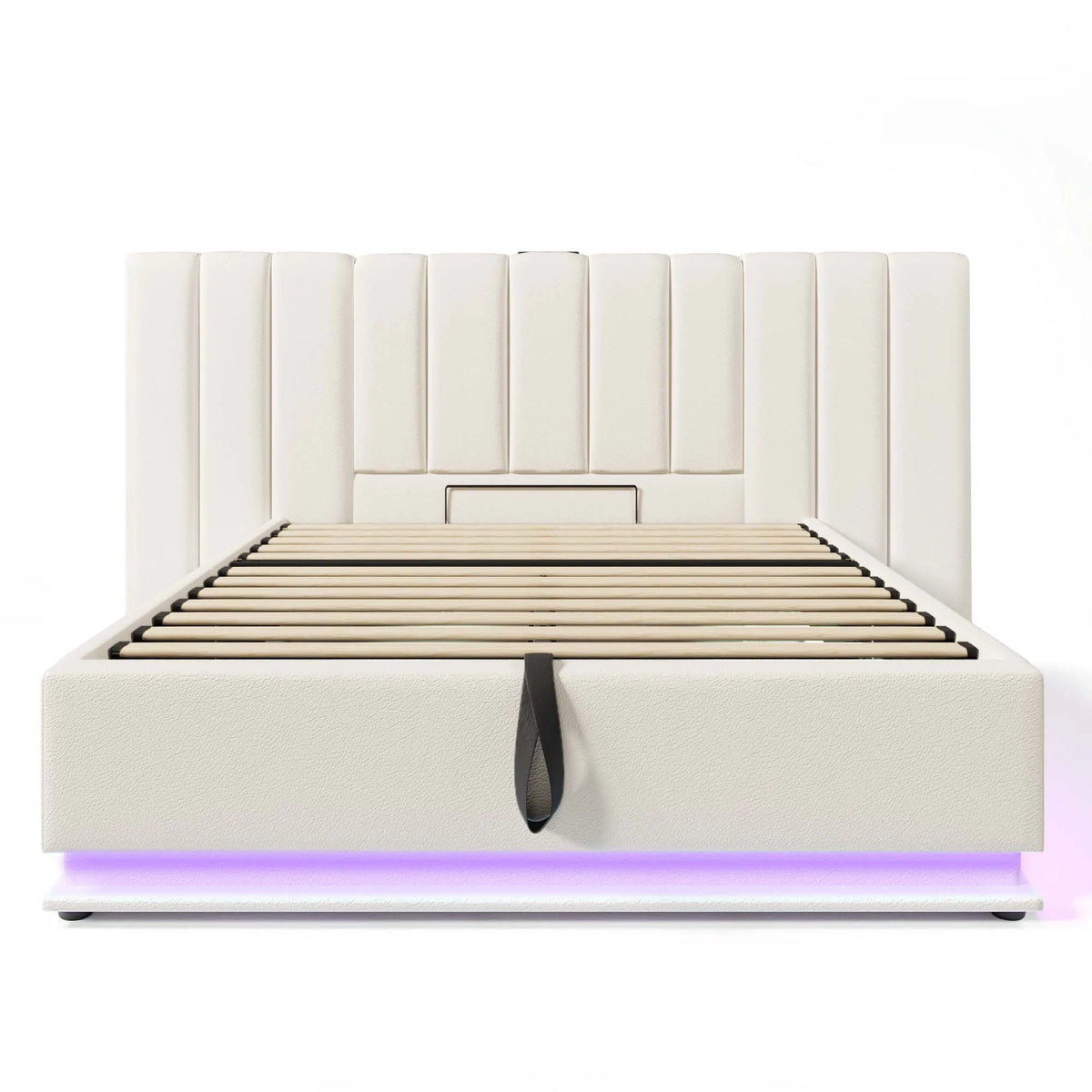 Upholstery bed 180 × 200, double bed storage bed with App Control LED and USB-C charging function, bed rack with slatted frame, PU, White, O