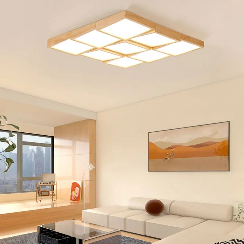 lustre en bois carré à led éclairage intelligent dimmable - vue 5 sur 14