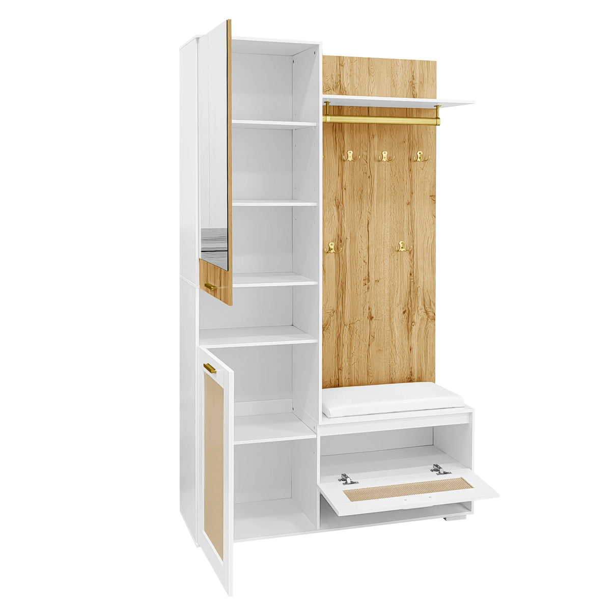 Wardrobe set, wardrobe set with mirror, 5 gold dresses hooks, shoe cabinet, wall wardrobe, top storage compartment, bench seat
