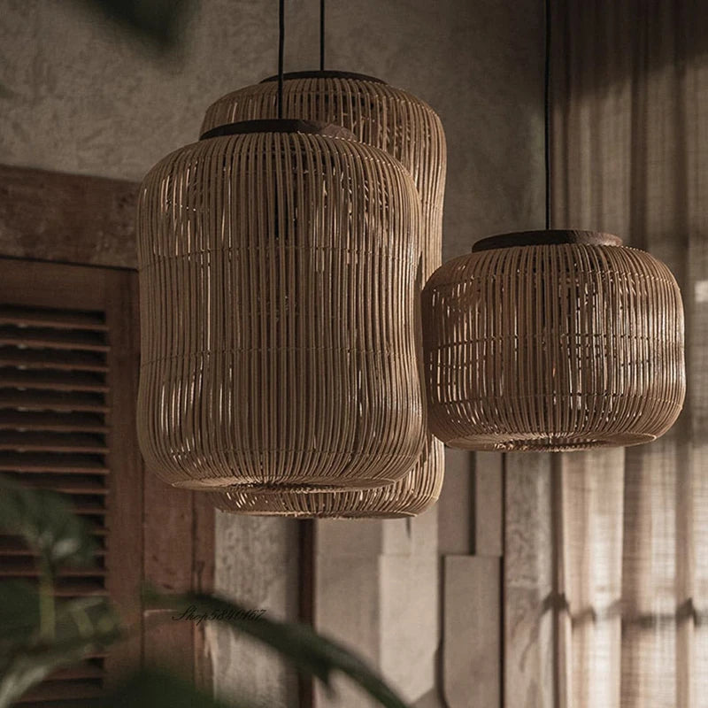 suspension Wabi-sabi lumières chinois rétro salle à manger salon restaurant décor chez l'habitant rotin - vue 5 sur 12