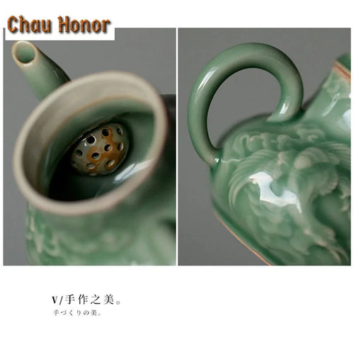 Théière céladon yue kiln dragon phénix relief filtre