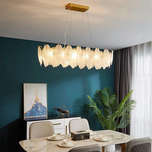 Moderner Glas-Kronleuchter mit Federn und LED-Beleuchtung - vue 3 sur 14