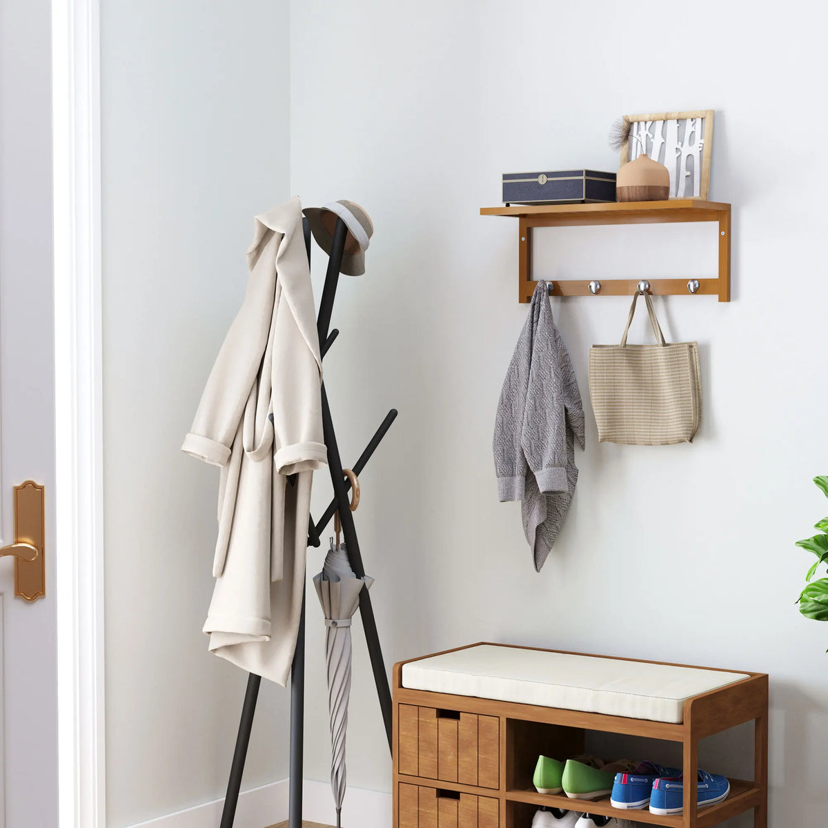 HOMCOM Wall hanger bamboo 4 hooks rack Wall towel rack 50x16x17,5cm