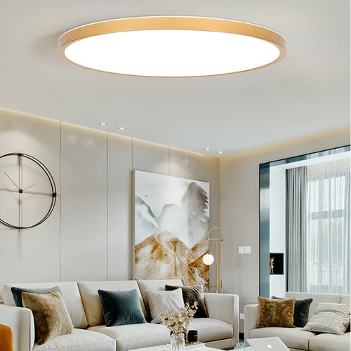 Flache Deckenleuchte aus goldfarbenem Holz im modernen quadratischen Design für den Innenbereich - vue 7 sur 16