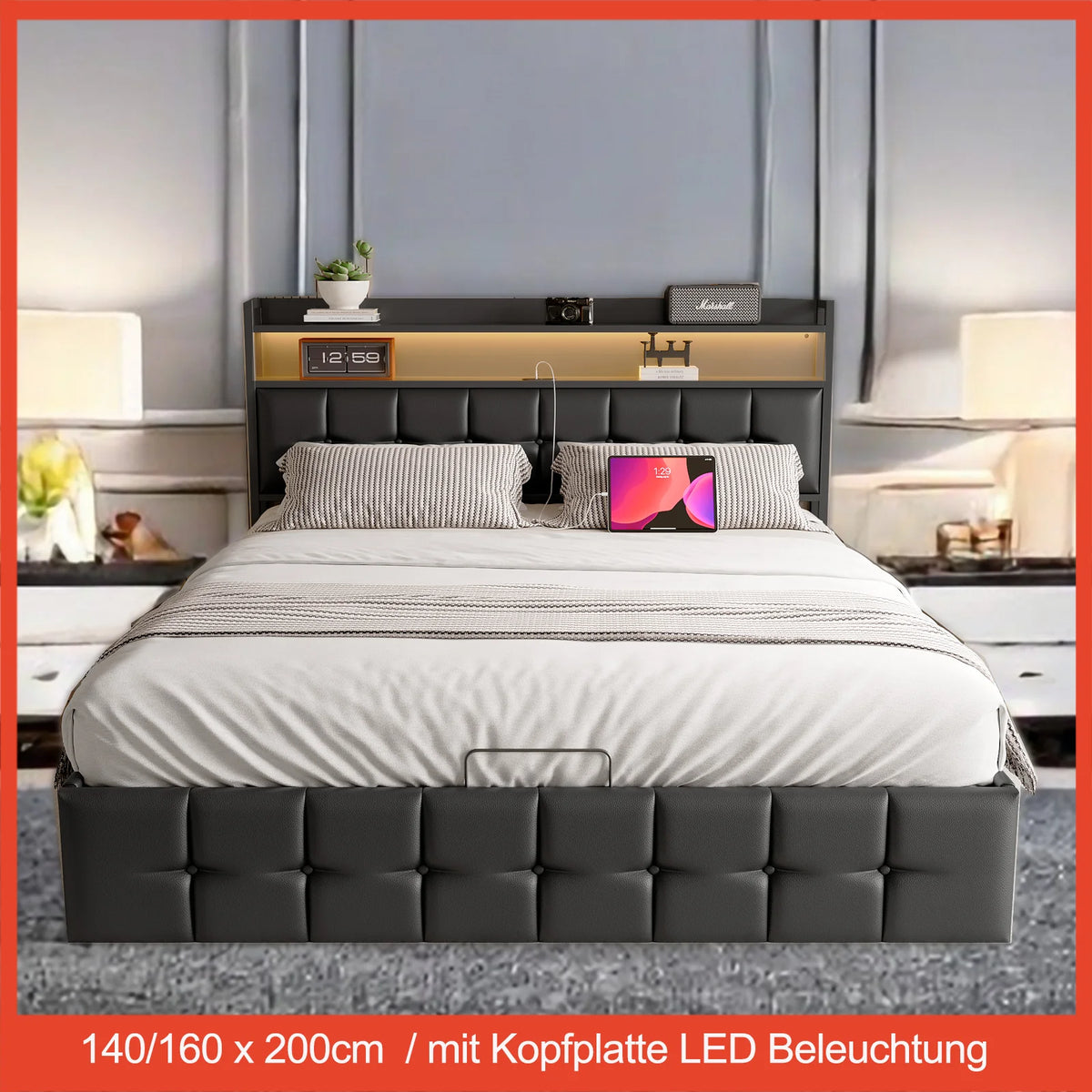 Storage Bed,Upholstered Bed 140/160x200cm,Headboard with LED Lighting and Charging USB,Double Bed with Storage Space,No mattress