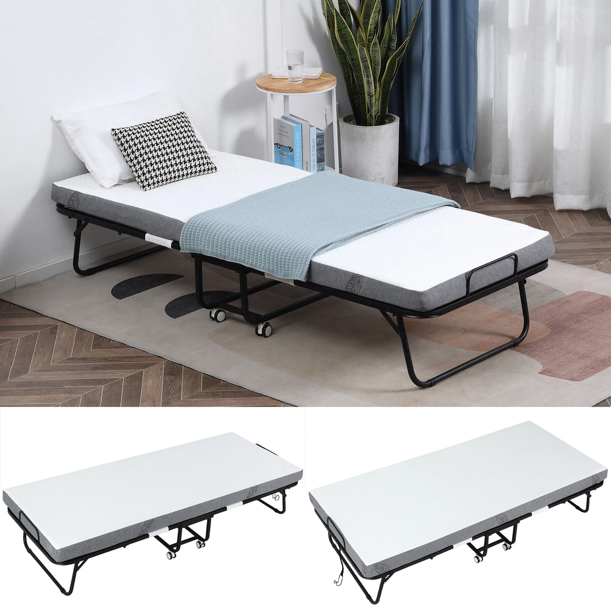 HOMCOM folding bed 200x80x42,5 cm with single mattress wheels living room office