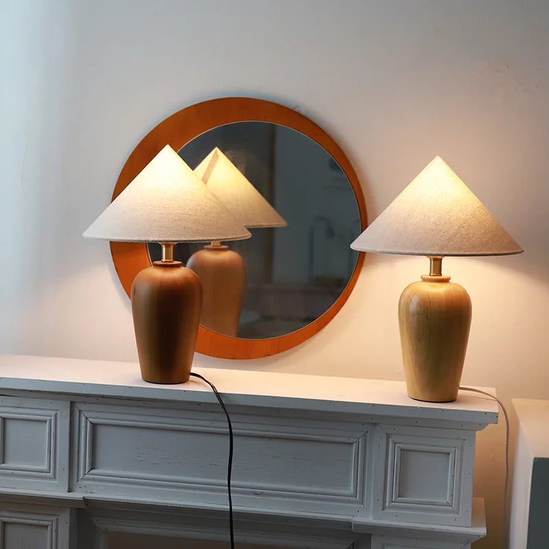 Vintage Table Lamp Desk Light with Wood Stand Fabric Shade
