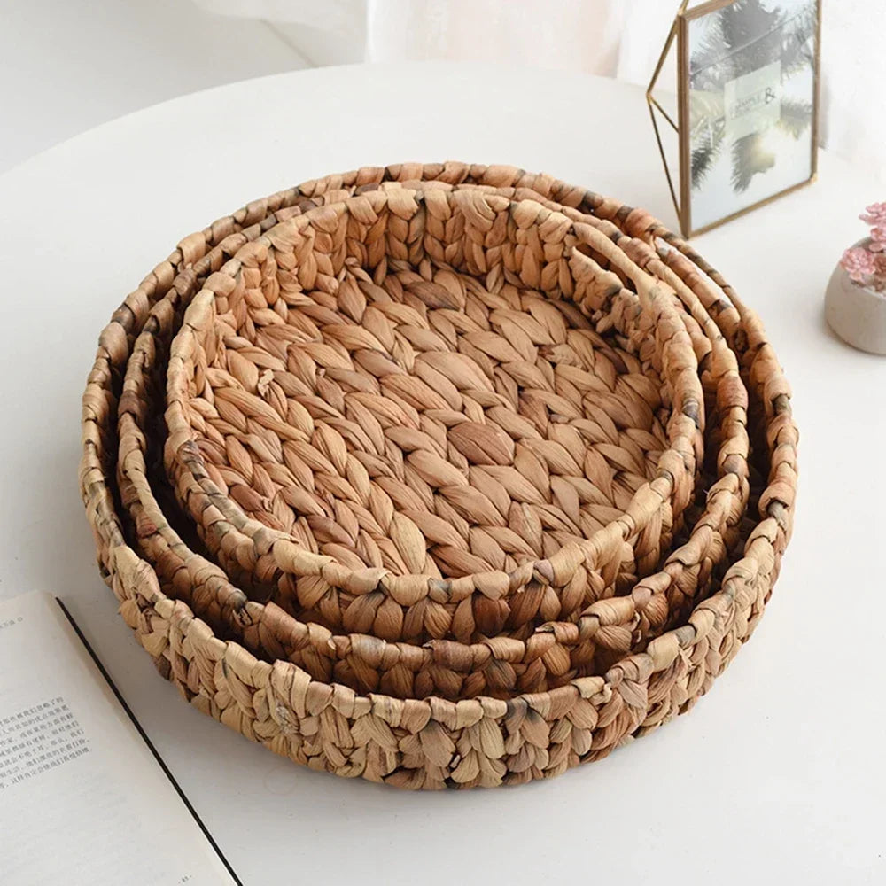 plateau de rangement tissé paniers en jacinthe d'eau pour service et rangement - vue 3 sur 9