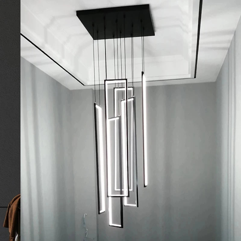 Grand lustre Or noir LED maison intérieur salon escalier Hall rectangulaire - vue 6 sur 15