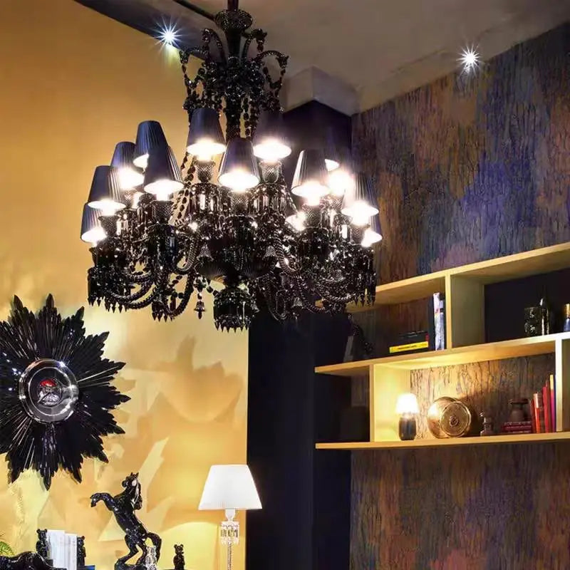 lustre en cristal noir européen avec lampe à bougie à led - vue 5 sur 16