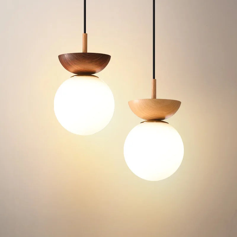 plafonnier led rond en verre avec abat jour en bois - vue 3 sur 10