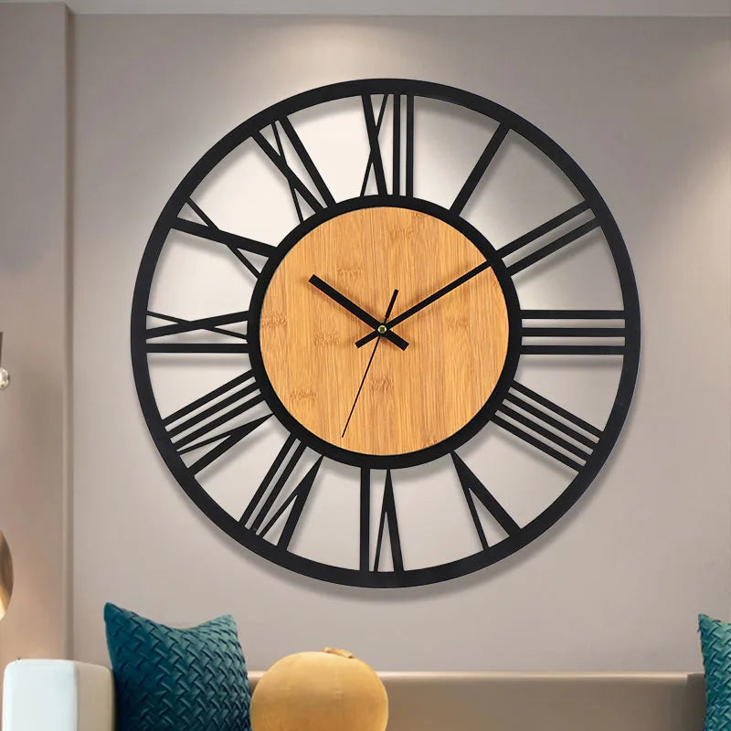 horloge murale 3D rétro avec chiffres romains en bois et métal - vue 3 sur 7