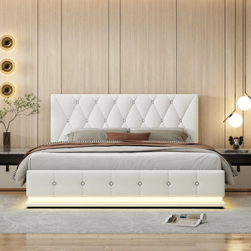 Upholstered Bed 140 x 200 cm with LED Lighting, Double Bed with Slatted Frame and Storage Space,No Mattresses - vue 3 sur 7