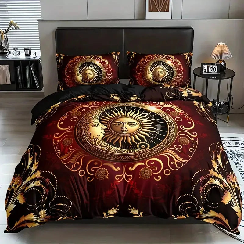 housse de couette bohème soleil lune motif floral noir blanc