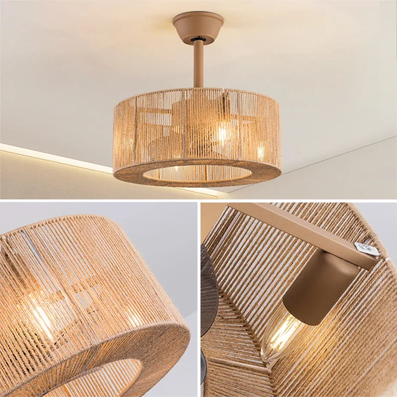 plafonnier décoratif en corde tressée avec ventilateur et intensité variable - vue 5 sur 11