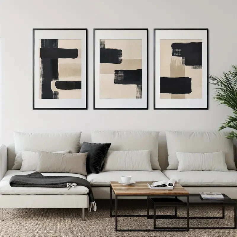 3 件/Set Simple Beige and Black Abstract Poster Canvas Art Print, Bohemian Wall Background Wall Decoration, Modern Living Room